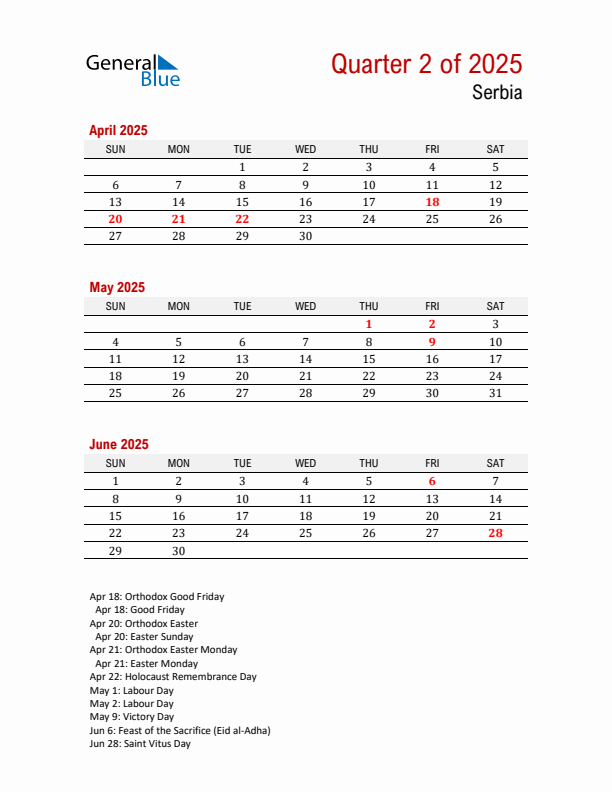 Printable Three Month Calendar with Serbia Holidays