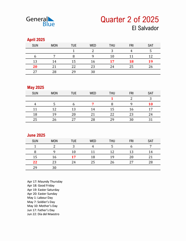 Printable Three Month Calendar with El Salvador Holidays