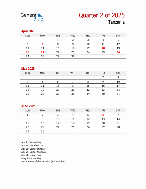 Printable Three Month Calendar with Tanzania Holidays