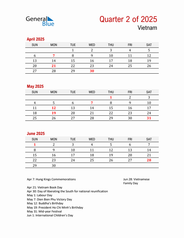 Printable Three Month Calendar with Vietnam Holidays