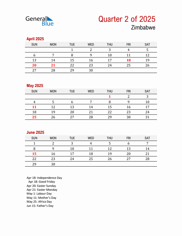 Printable Three Month Calendar with Zimbabwe Holidays