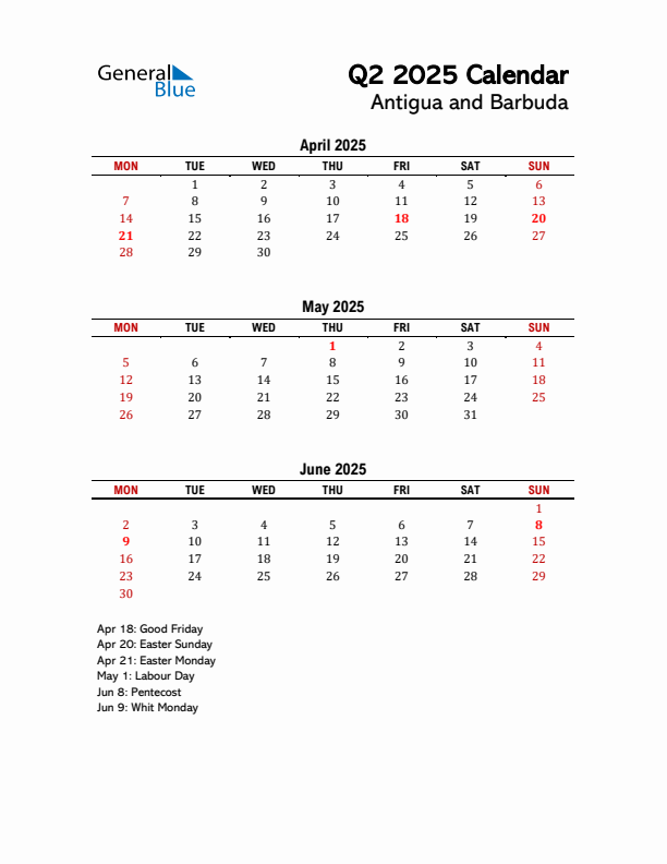 2025 Q2 Calendar with Holidays List for Antigua and Barbuda