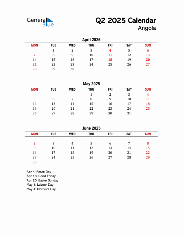 2025 Q2 Calendar with Holidays List for Angola