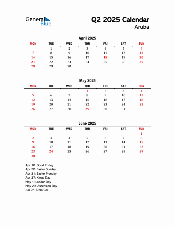 2025 Q2 Calendar with Holidays List for Aruba