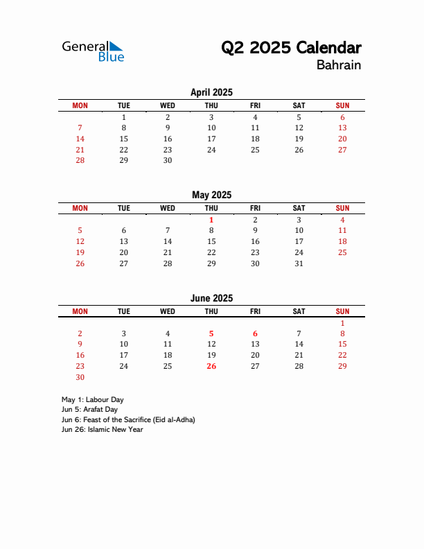 2025 Q2 Calendar with Holidays List for Bahrain