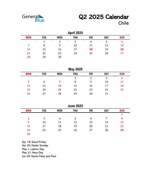 2025 Q2 Calendar with Holidays List for Chile