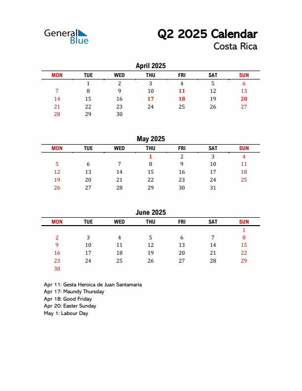 2025 Q2 Calendar with Holidays List for Costa Rica