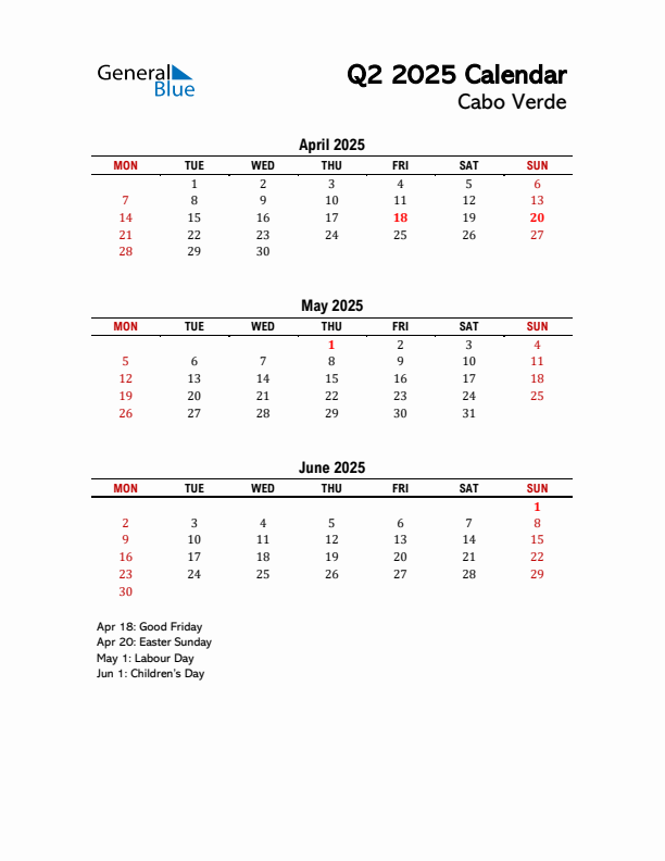 2025 Q2 Calendar with Holidays List for Cabo Verde