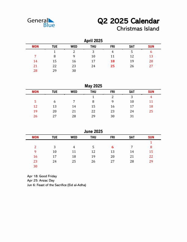 2025 Q2 Calendar with Holidays List for Christmas Island