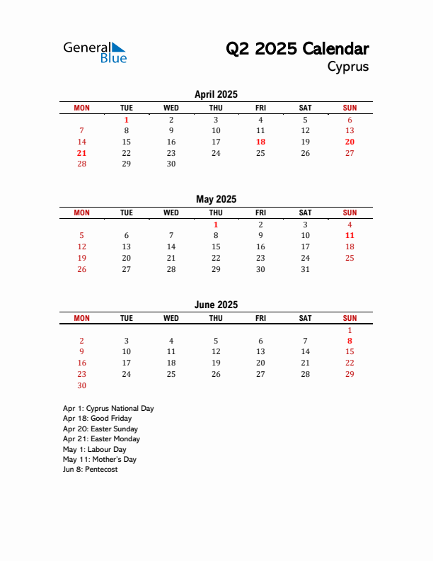 2025 Q2 Calendar with Holidays List for Cyprus