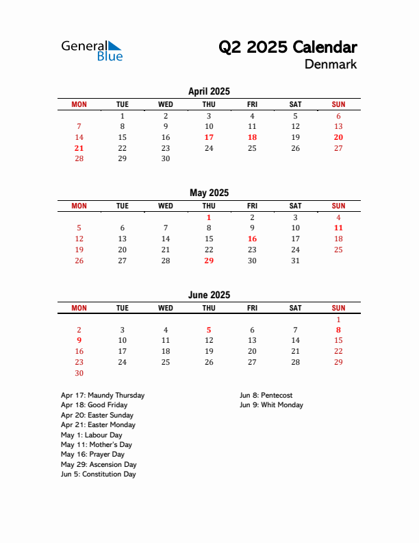 2025 Q2 Calendar with Holidays List for Denmark