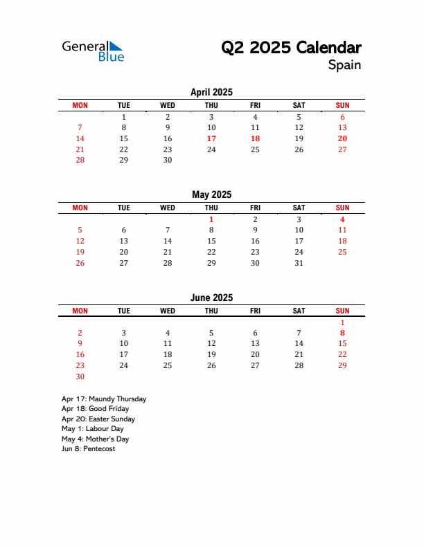 2025 Q2 Calendar with Holidays List for Spain