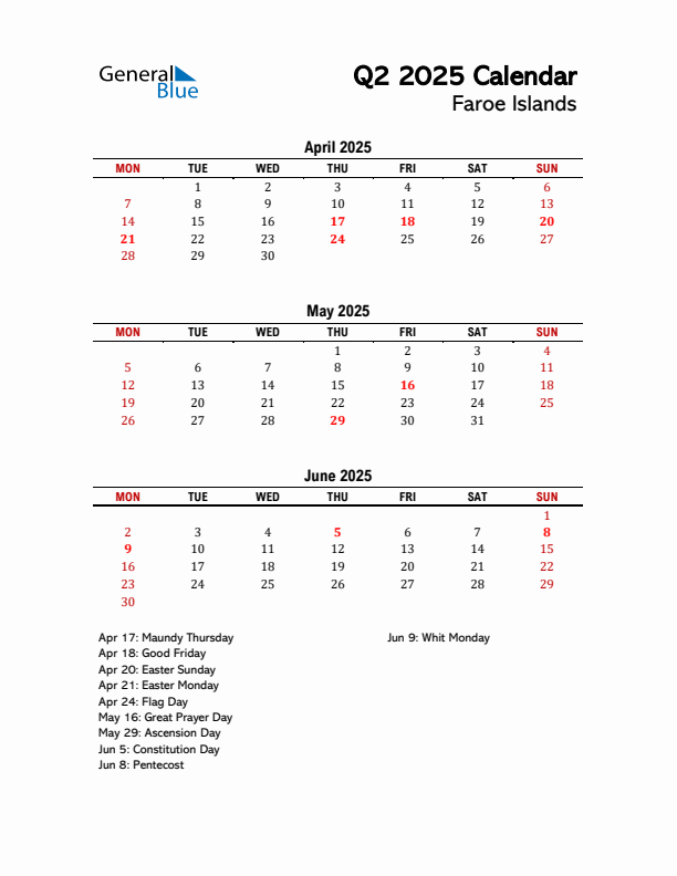 2025 Q2 Calendar with Holidays List for Faroe Islands