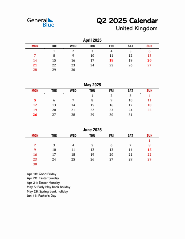 2025 Q2 Calendar with Holidays List for United Kingdom