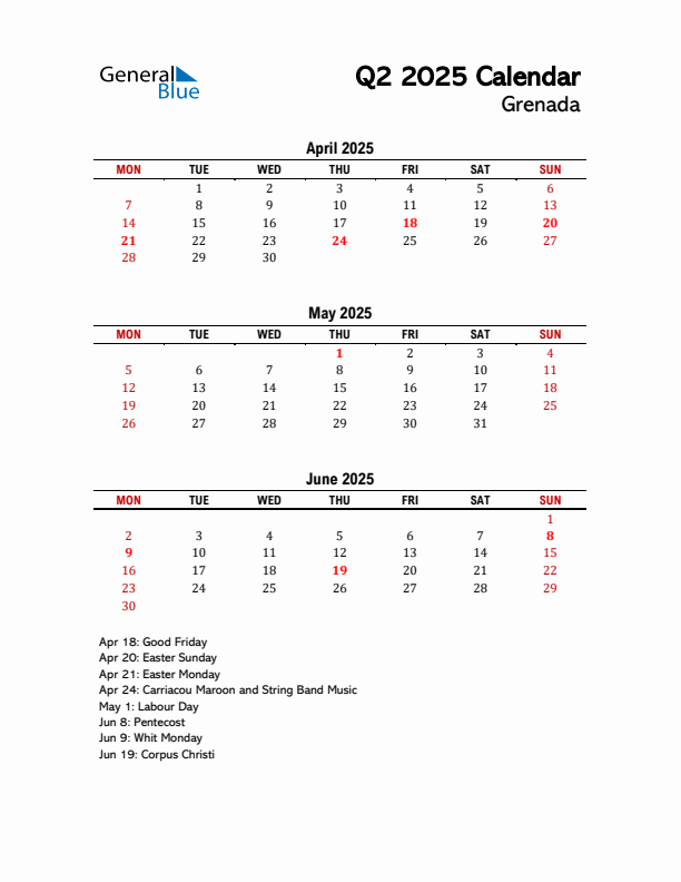 2025 Q2 Calendar with Holidays List for Grenada