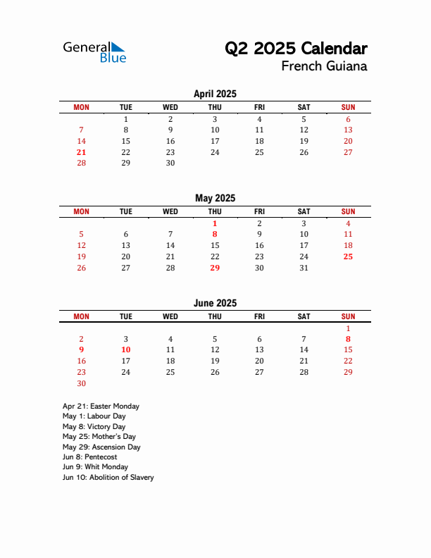 2025 Q2 Calendar with Holidays List for French Guiana