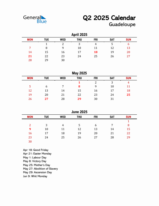 2025 Q2 Calendar with Holidays List for Guadeloupe