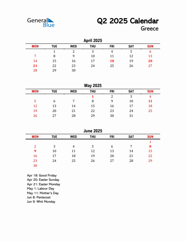 2025 Q2 Calendar with Holidays List for Greece