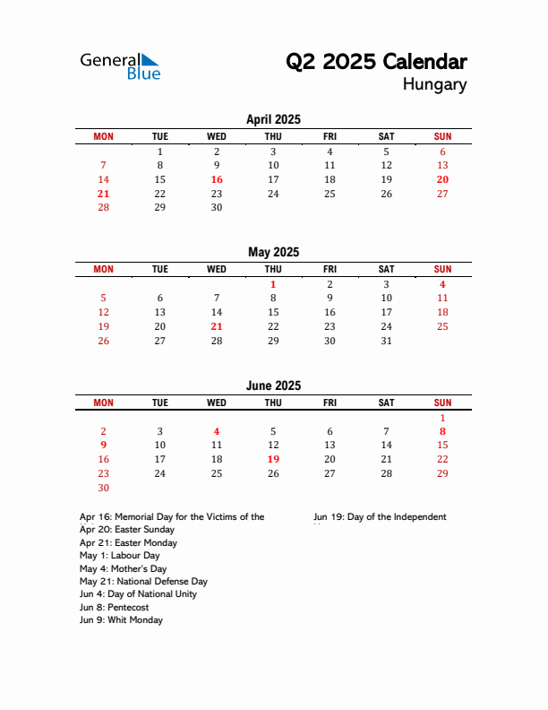 2025 Q2 Calendar with Holidays List for Hungary