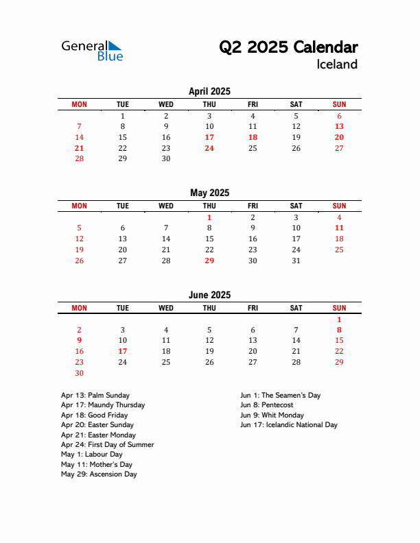 2025 Q2 Calendar with Holidays List for Iceland