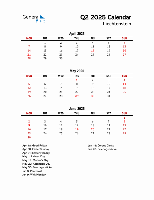 2025 Q2 Calendar with Holidays List for Liechtenstein