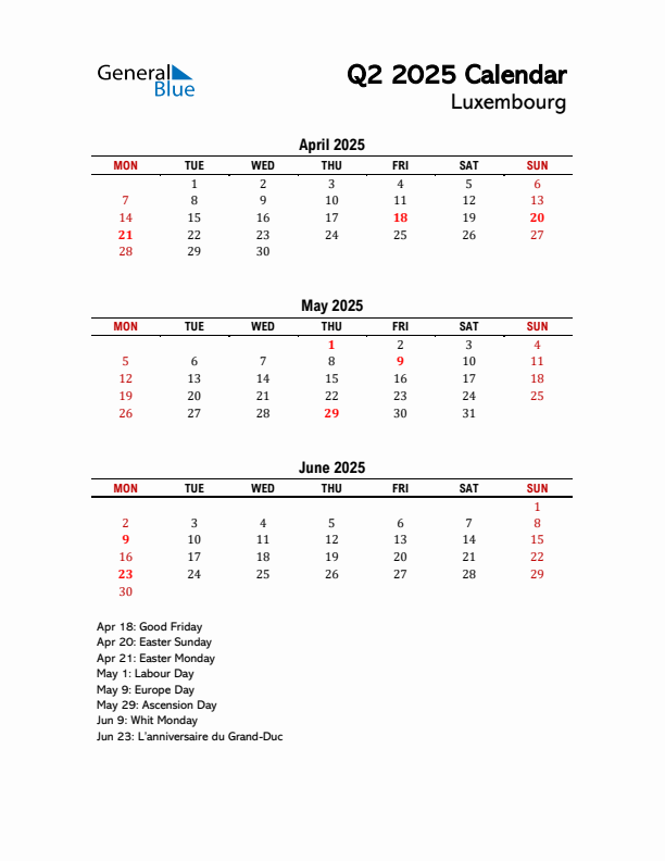 2025 Q2 Calendar with Holidays List for Luxembourg