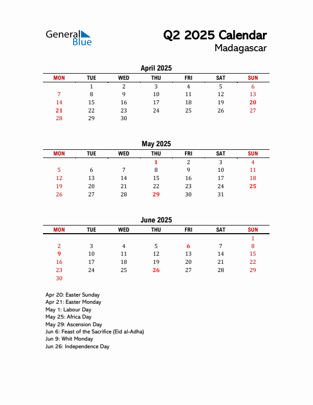 2025 Q2 Calendar with Holidays List for Madagascar