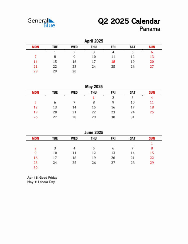 2025 Q2 Calendar with Holidays List for Panama