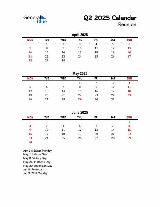 2025 Q2 Calendar with Holidays List for Reunion