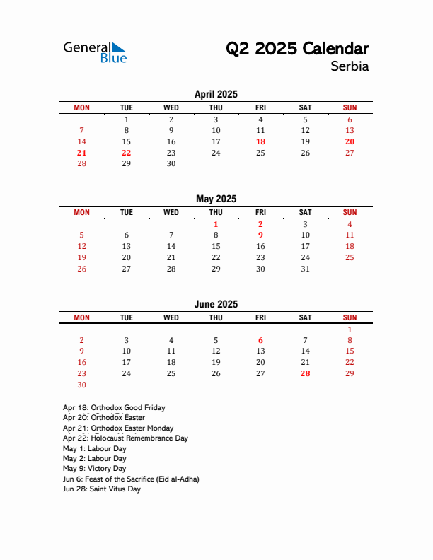 2025 Q2 Calendar with Holidays List for Serbia