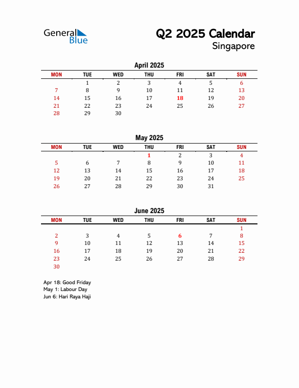 2025 Q2 Calendar with Holidays List for Singapore