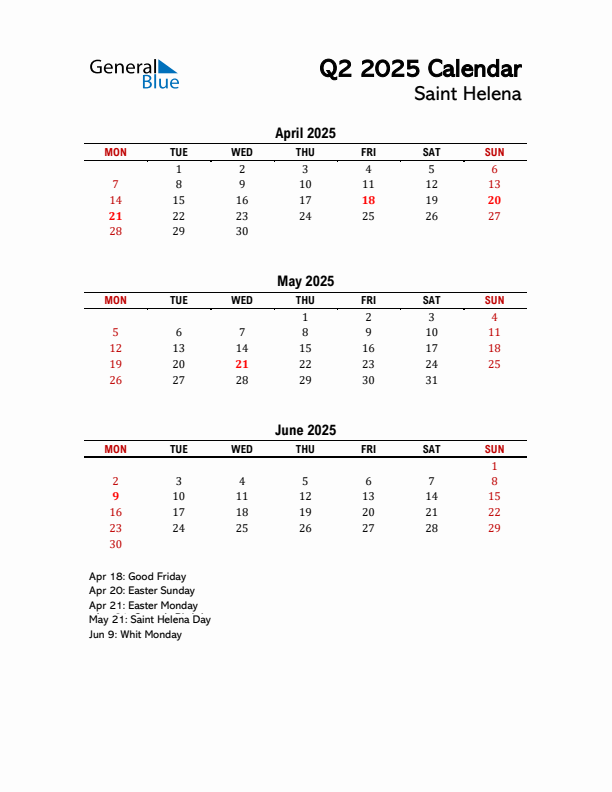 2025 Q2 Calendar with Holidays List for Saint Helena