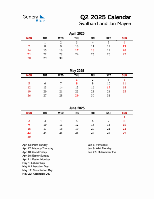 2025 Q2 Calendar with Holidays List for Svalbard and Jan Mayen