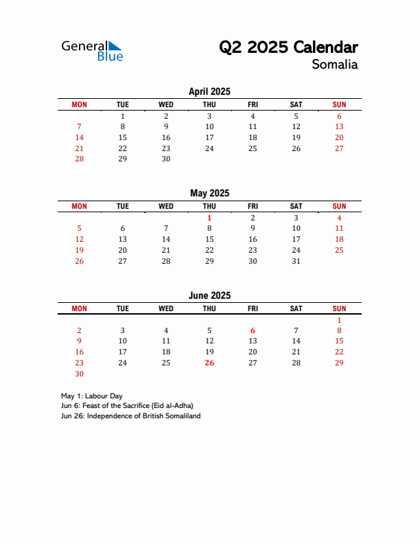 2025 Q2 Calendar with Holidays List for Somalia