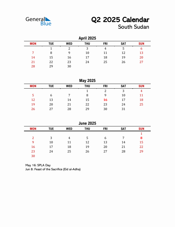 2025 Q2 Calendar with Holidays List for South Sudan