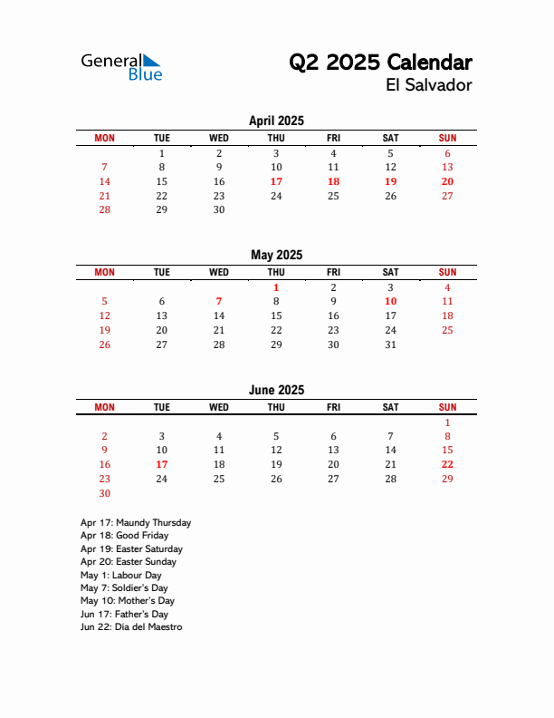 2025 Q2 Calendar with Holidays List for El Salvador