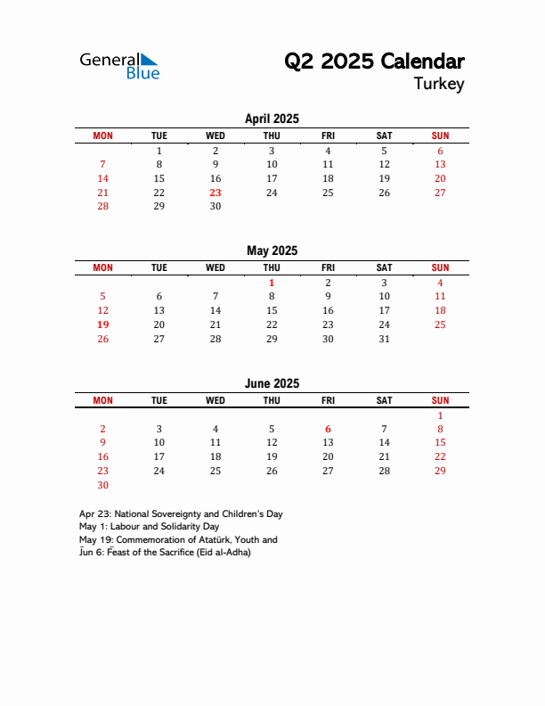 2025 Q2 Calendar with Holidays List for Turkey