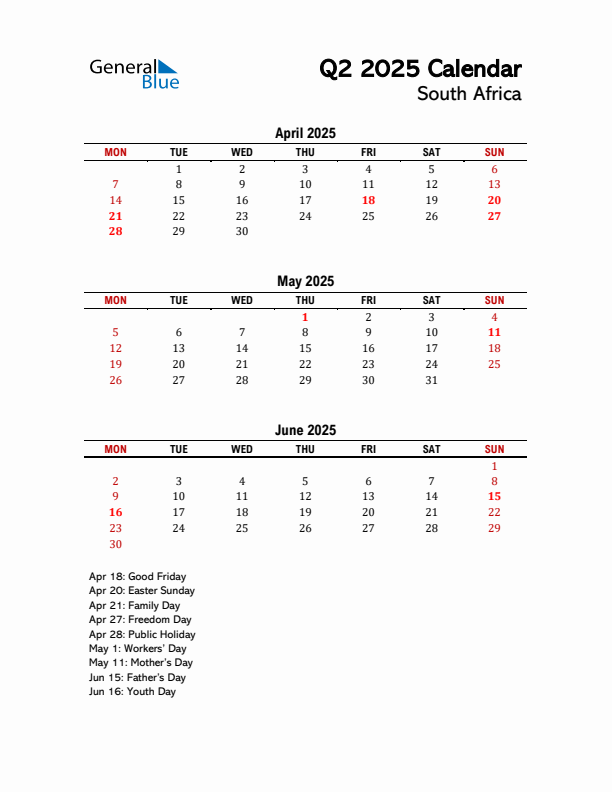 2025 Q2 Calendar with Holidays List for South Africa