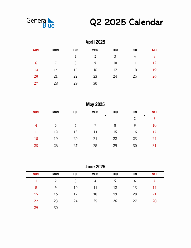 2025 Q2 Calendar with Red Weekend