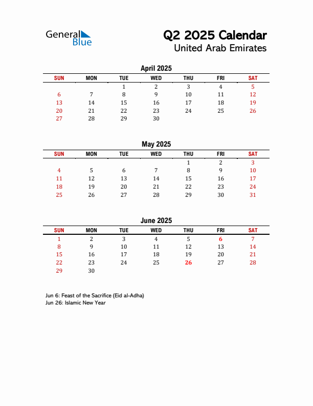 2025 Q2 Calendar with Holidays List for United Arab Emirates