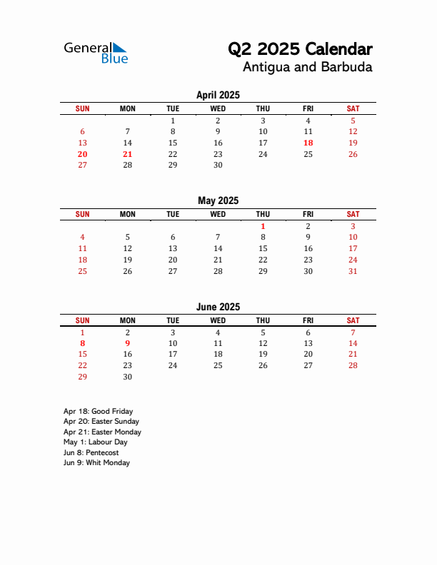 2025 Q2 Calendar with Holidays List for Antigua and Barbuda