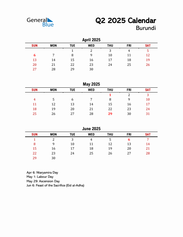 2025 Q2 Calendar with Holidays List for Burundi