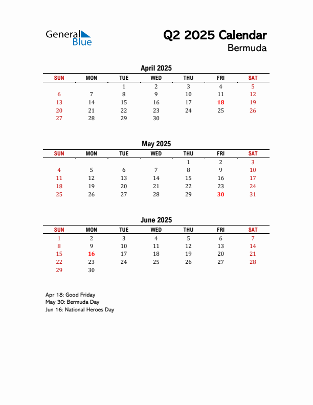 2025 Q2 Calendar with Holidays List for Bermuda