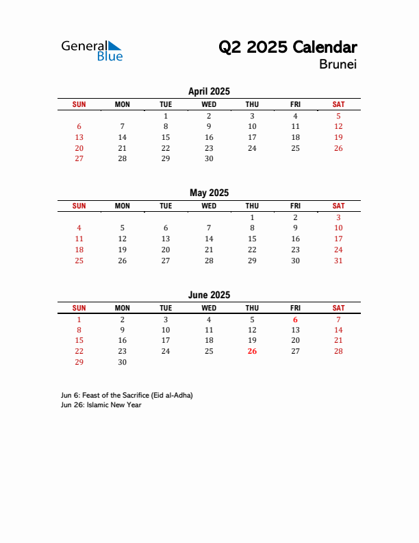 2025 Q2 Calendar with Holidays List for Brunei