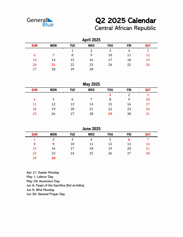 2025 Q2 Calendar with Holidays List for Central African Republic