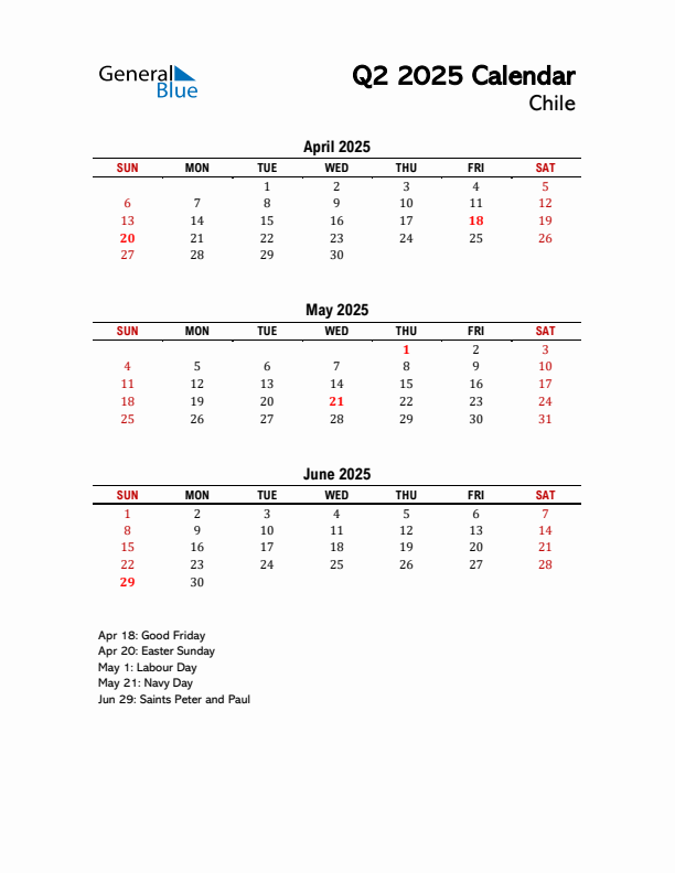 2025 Q2 Calendar with Holidays List for Chile