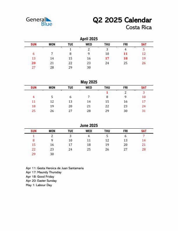 2025 Q2 Calendar with Holidays List for Costa Rica