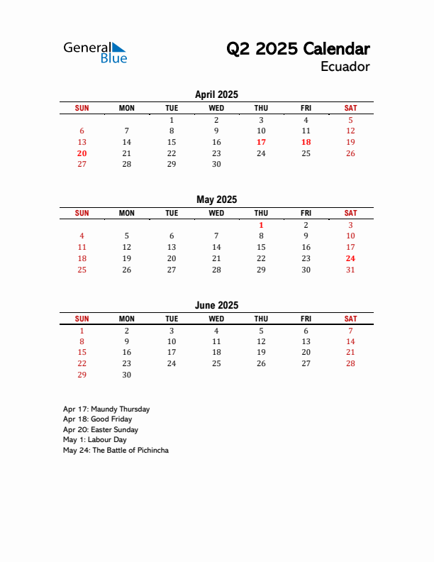 2025 Q2 Calendar with Holidays List for Ecuador