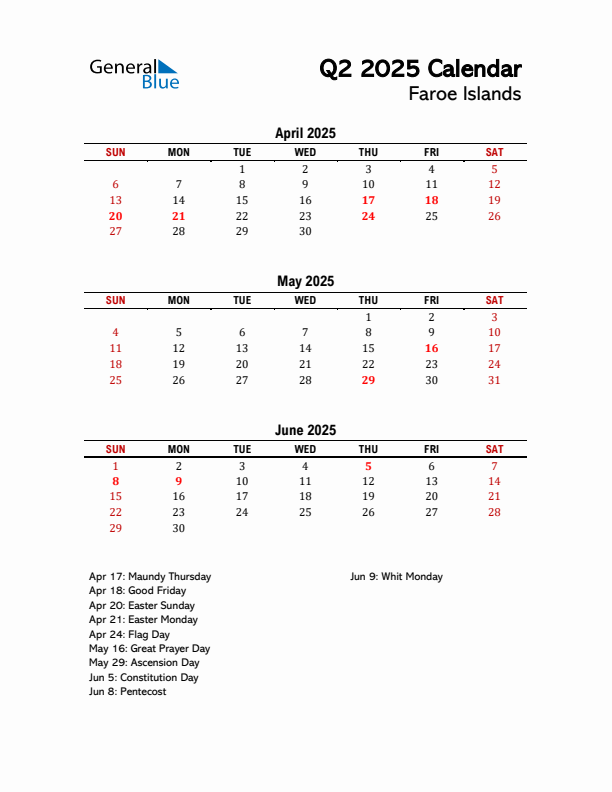 2025 Q2 Calendar with Holidays List for Faroe Islands