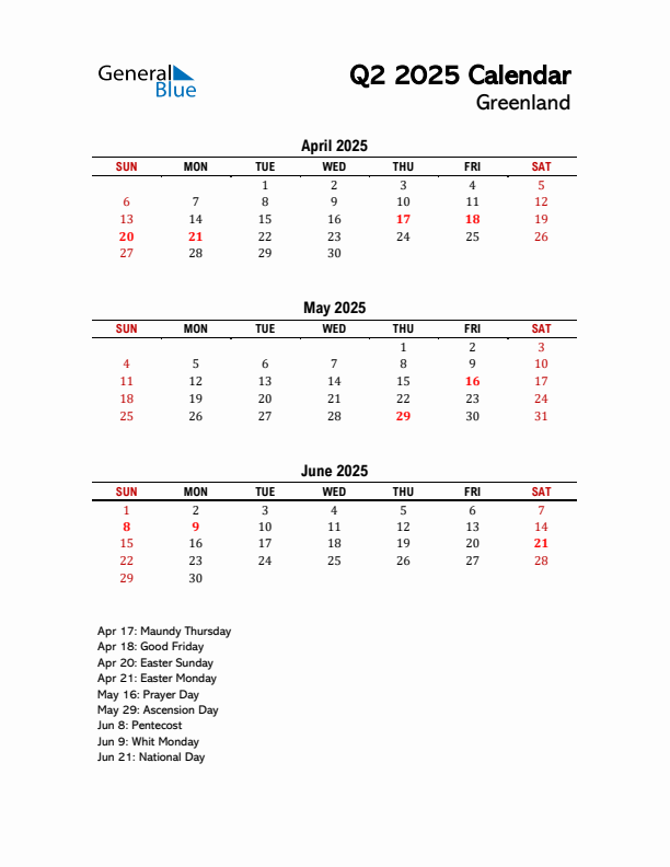 2025 Q2 Calendar with Holidays List for Greenland